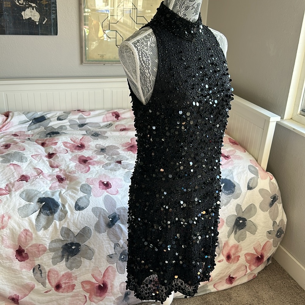 Bicici 100% Silk Sequin & Beaded Black Halter Mock Neck DiscoMini Cocktail Dress - Picture 4 of 14